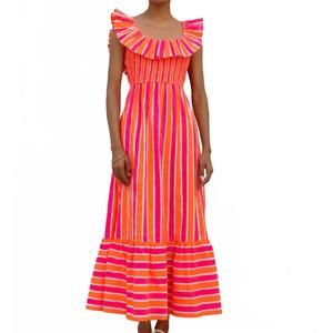 NEW PINK CITY PRINTS neon sunset susie midi.dress in orange/pink stripe